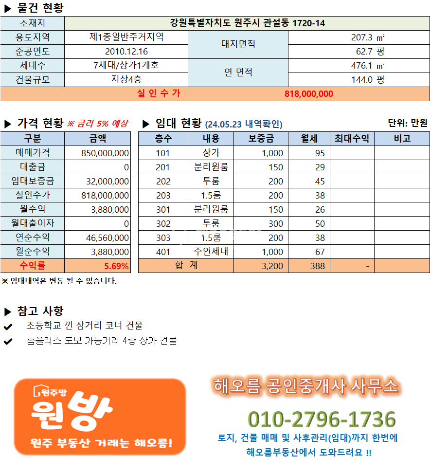 강원 원주시 관설동 관설동4층건물매매 ,초등학교 인근 3거리 코너 4층 건물 매매 매물번호 14511 사진 2