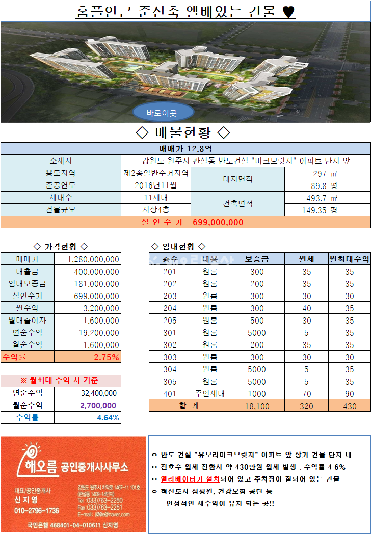 강원 원주시 관설동 ㅇ엘레베이터 有ㅇ KT부지 신규 아파트 정문 단지내 건물 매매 매매 매물번호 11642 사진 3