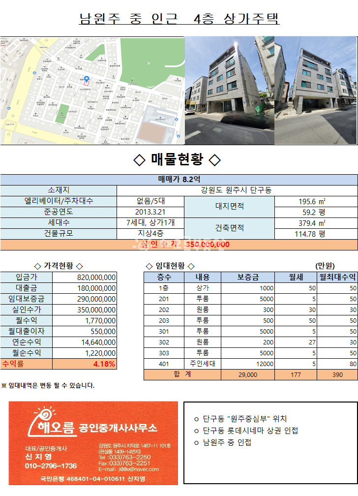 강원 원주시 단구동 실투자금 2억9000만원 ] 남원주 중 인근 4층 상가 주택 매매 매매 매물번호 11852 사진 2